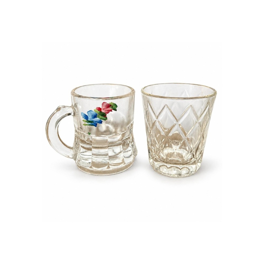 Vintage Federal Glass Shot Glasses Set of 2 – Floral Mini Mug & Diamond Pattern